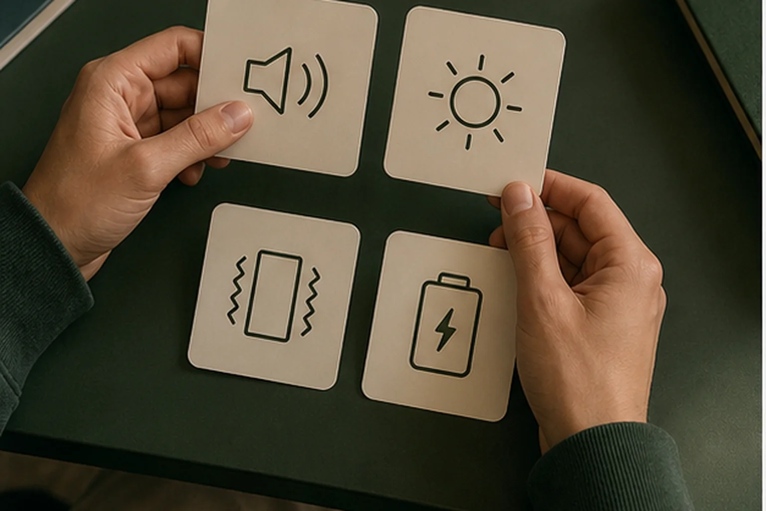 Hands choosing among sound, light, vibration, and battery-powered alarm routes
