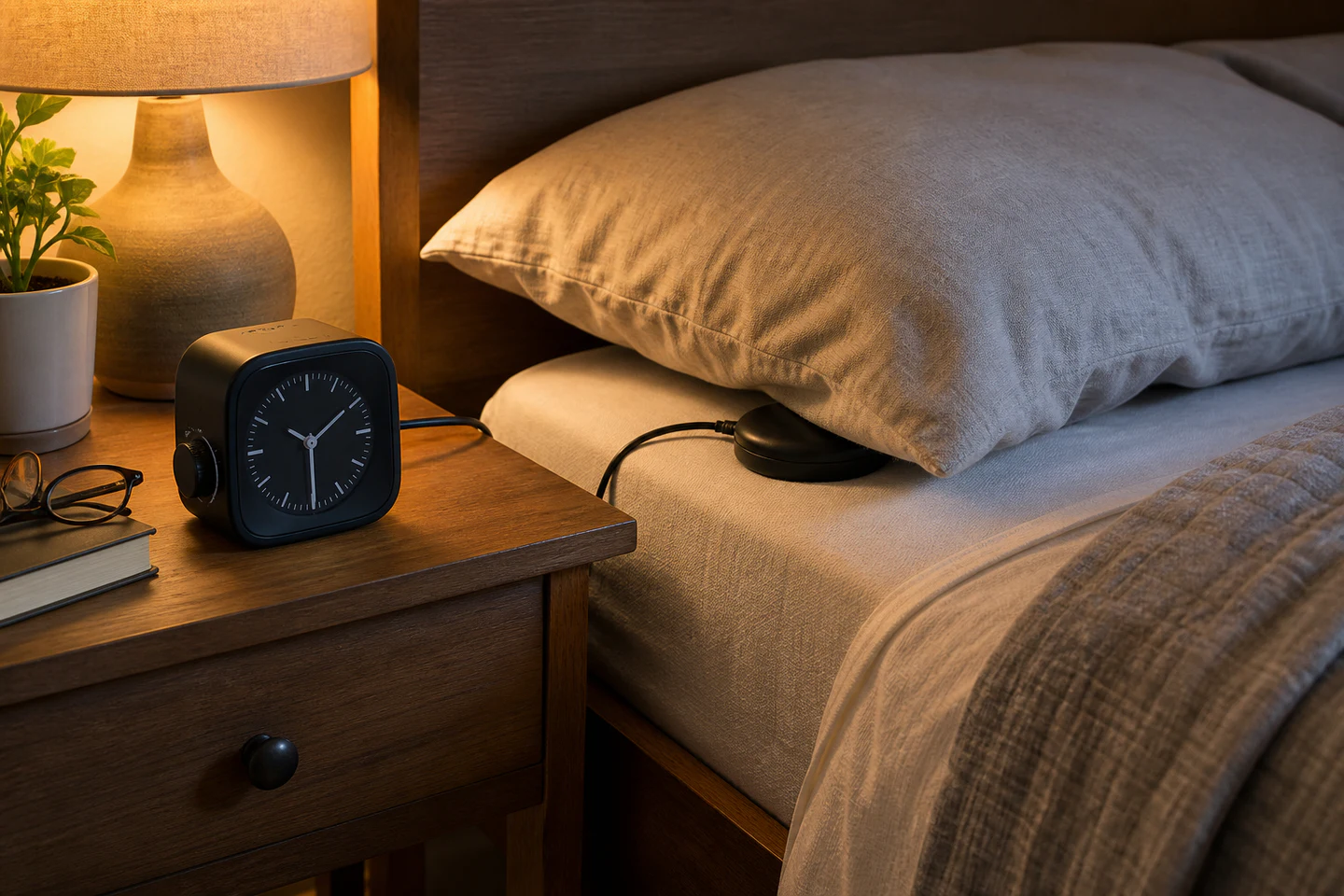 Extra-loud sound alarm compared with a wired bed-shaker puck under a pillow