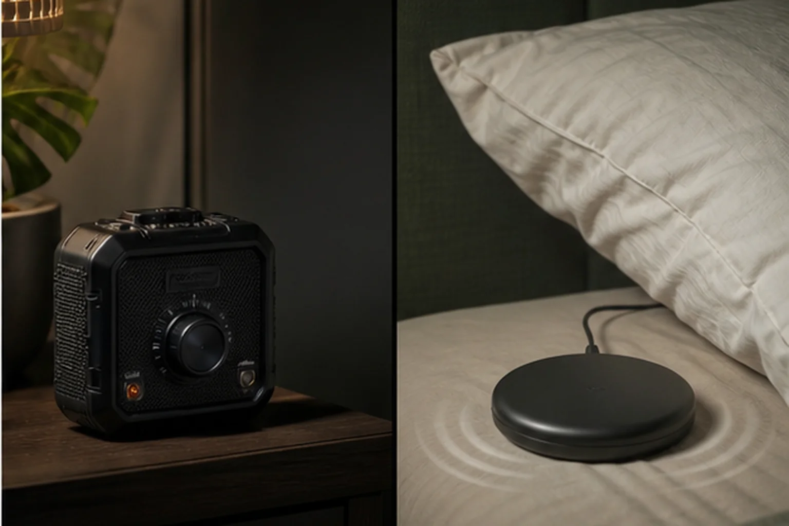 Extra-loud sound alarm compared with a wired bed-shaker puck under a pillow