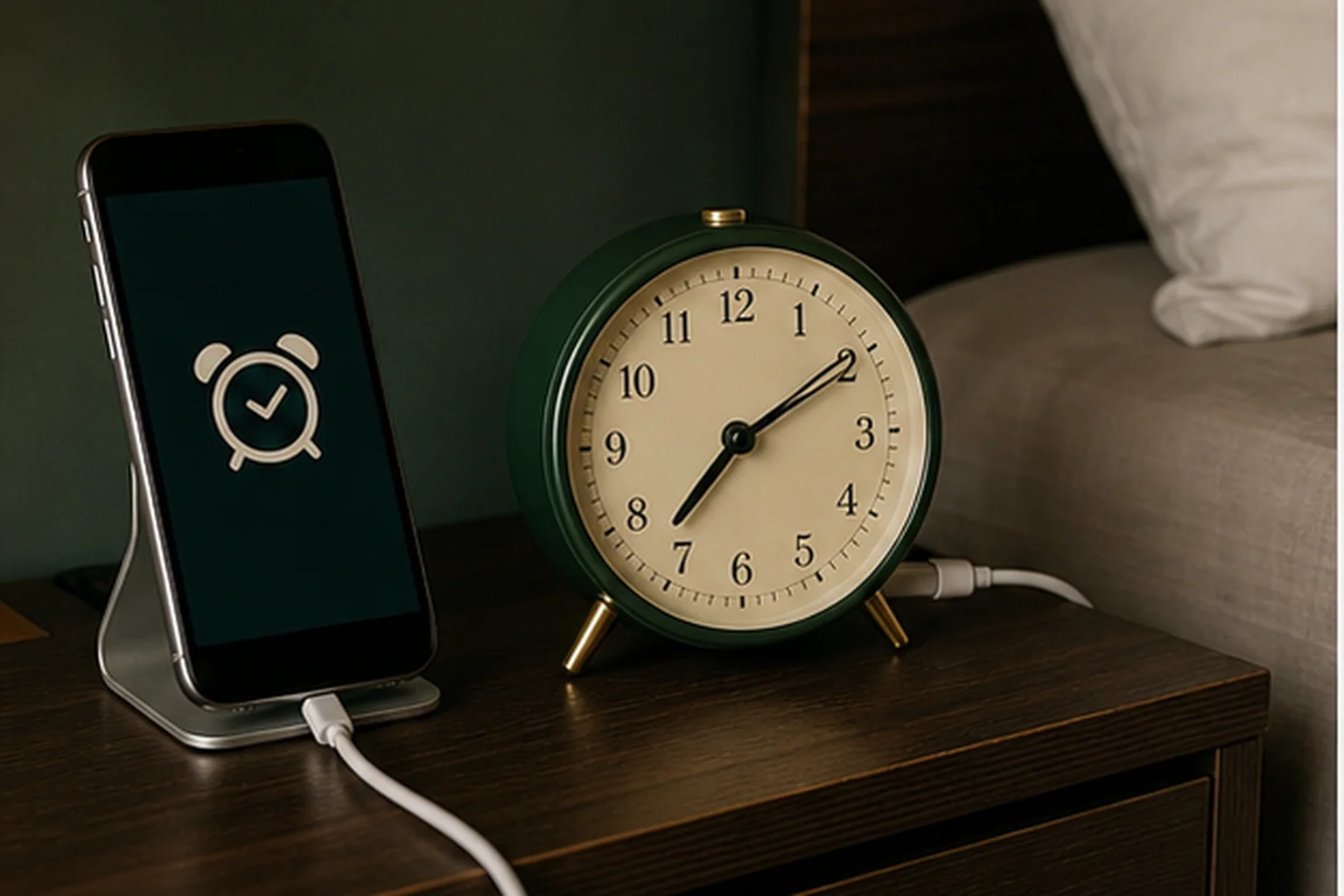Phone alarm and dedicated analog alarm clock on separate power paths