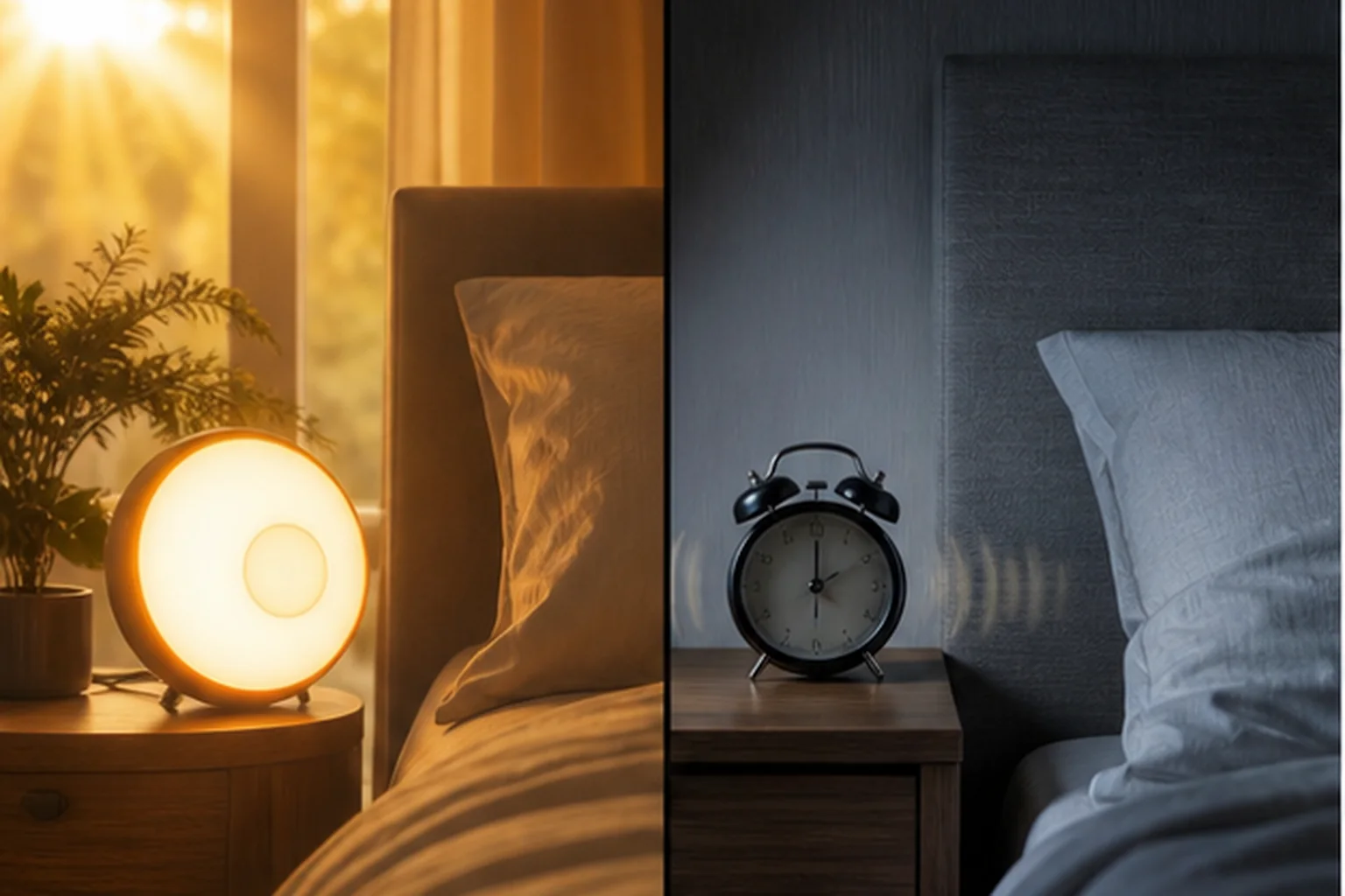 Warm sunrise wake light compared with a conventional sound alarm