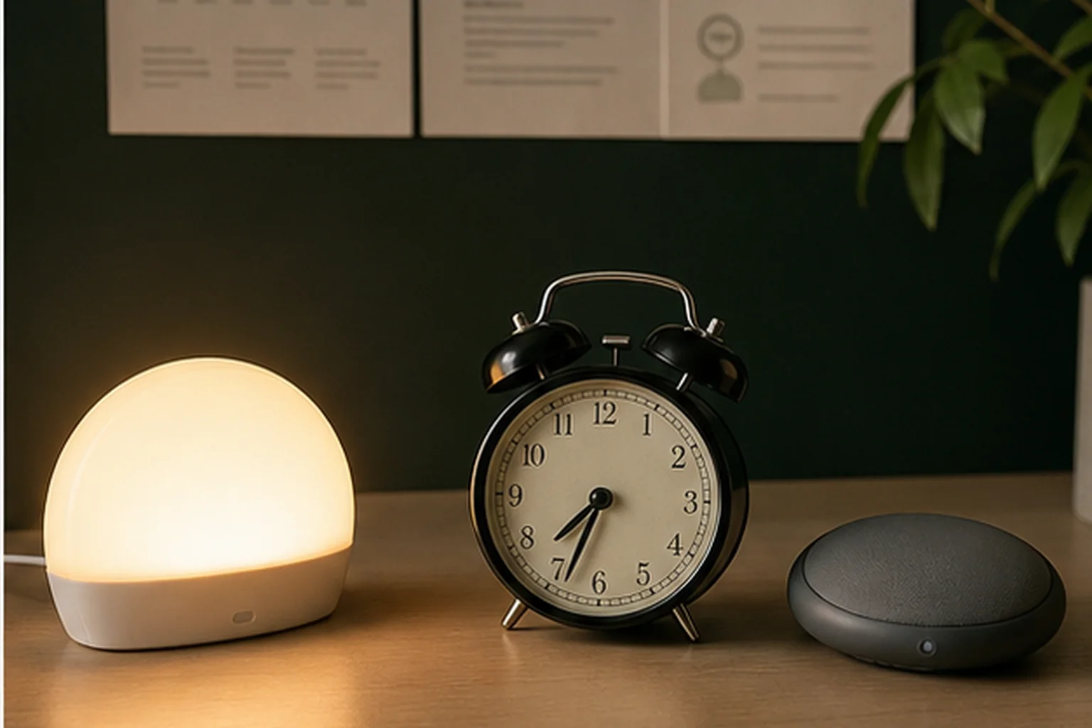 Sunrise light, sound alarm, and vibration puck arranged for an alarm-signal comparison