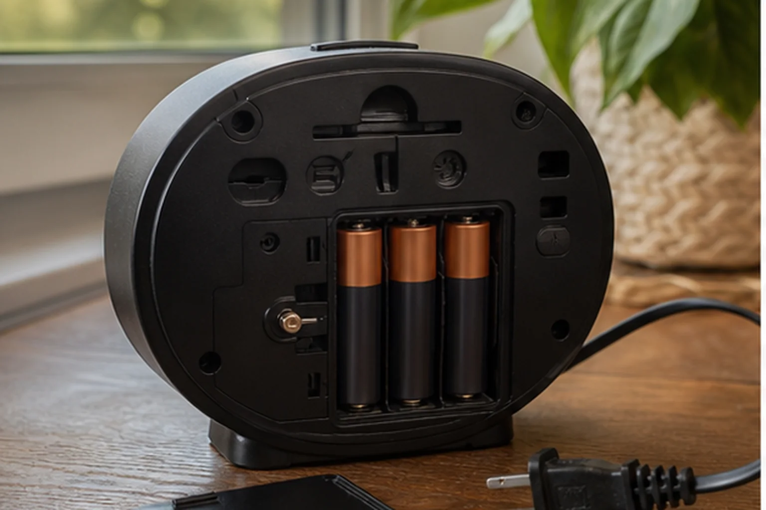 Open alarm clock battery compartment during a mains-power outage test