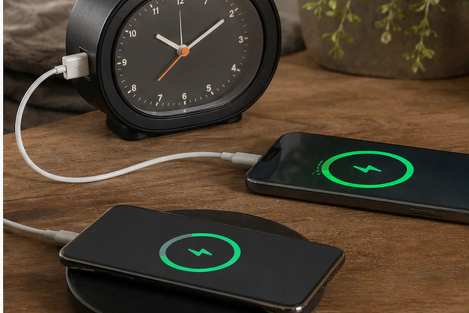 Alarm clock charging phones through USB-C and a wireless charging pad