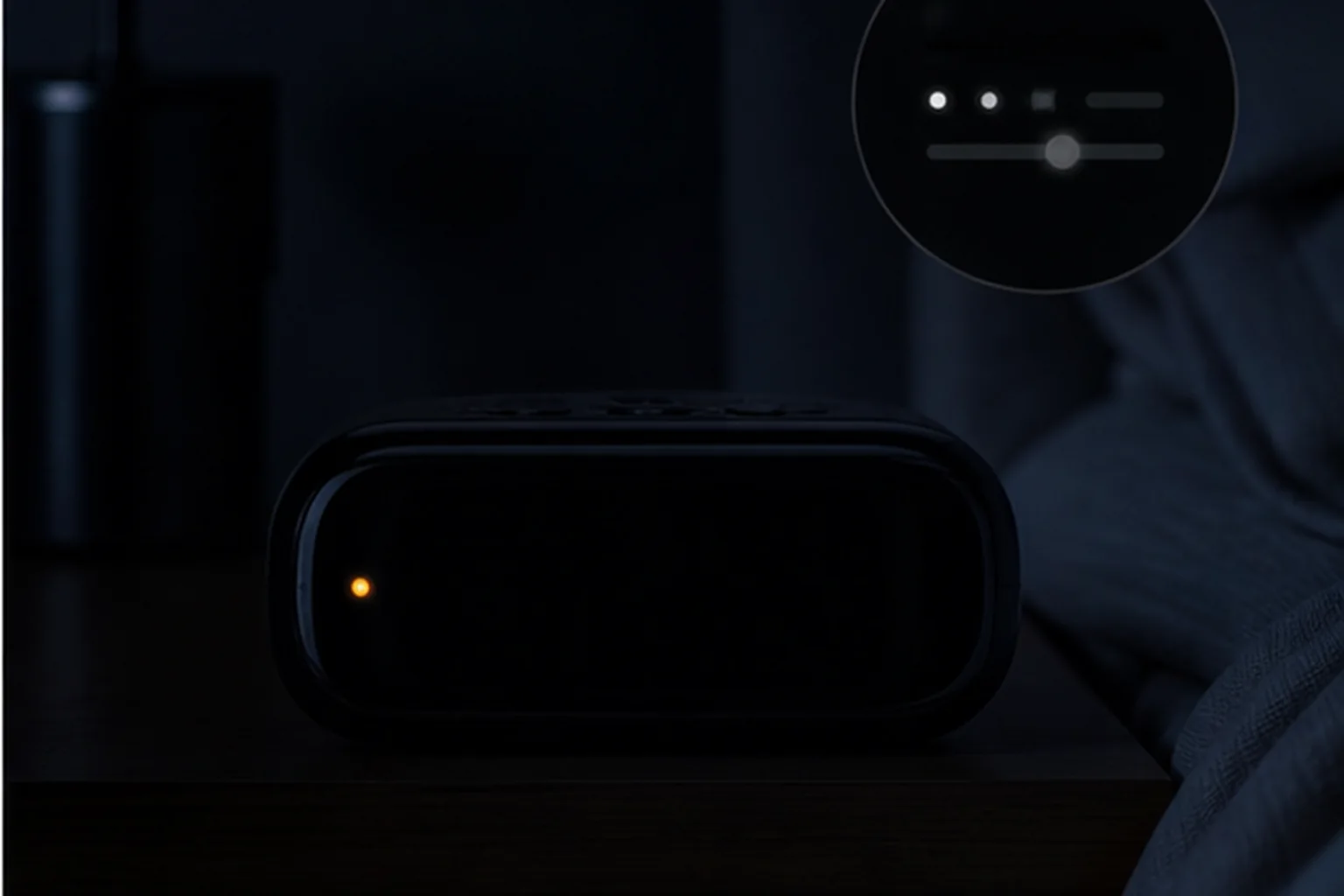 Alarm clock with its main display off and only the alarm-active indicator visible