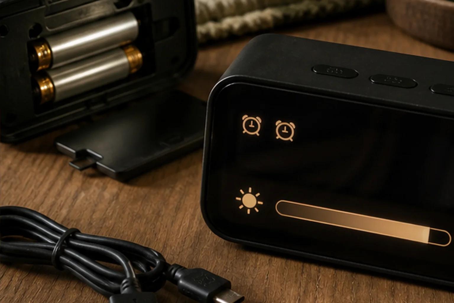 Alarm clock backup batteries, charging cable, dual-alarm indicators, and dimmer control