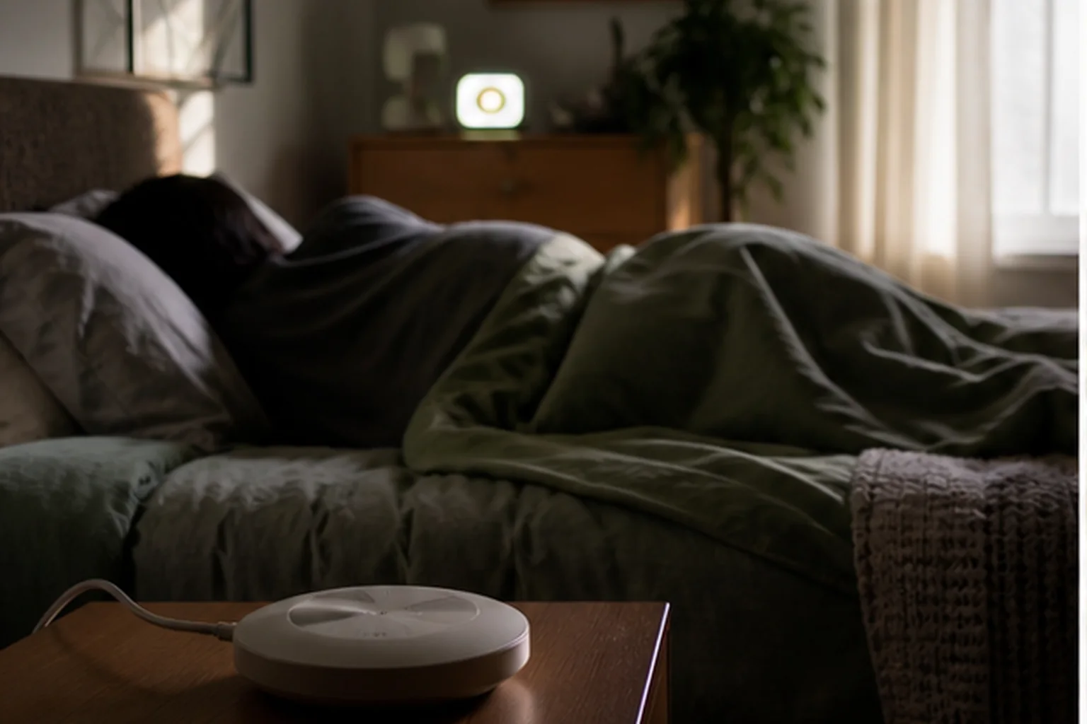 Heavy-sleeper alarm setup with a separate vibration puck and distant light alert