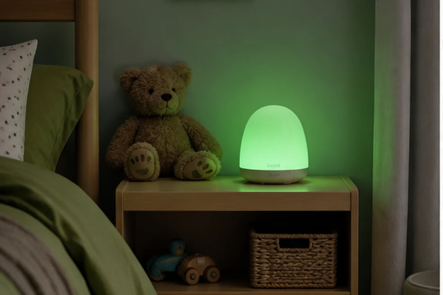 Green okay-to-wake clock in a safe, tidy child bedroom