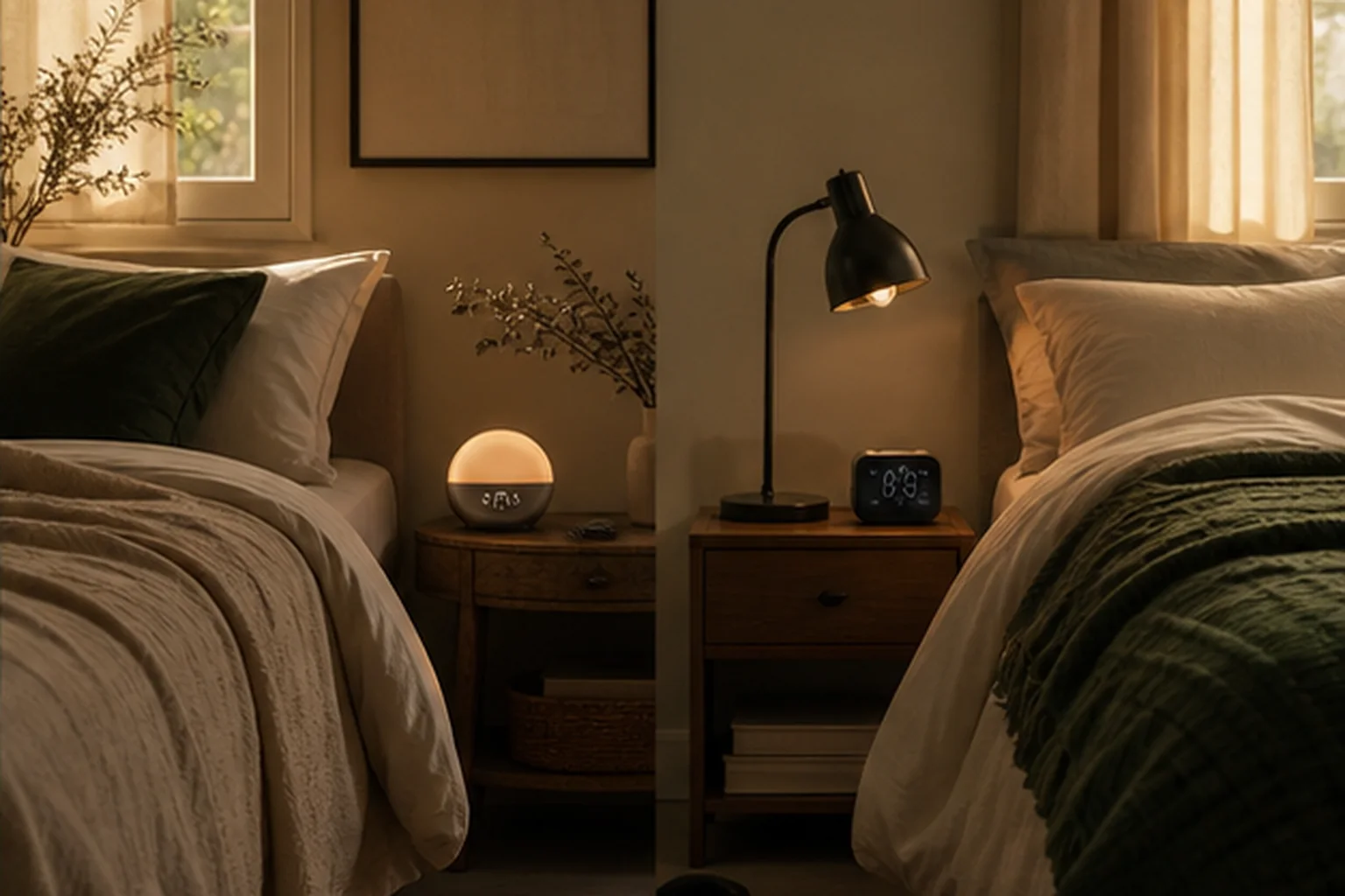 Two bedside alarm setups in a shared bedroom with different waking needs
