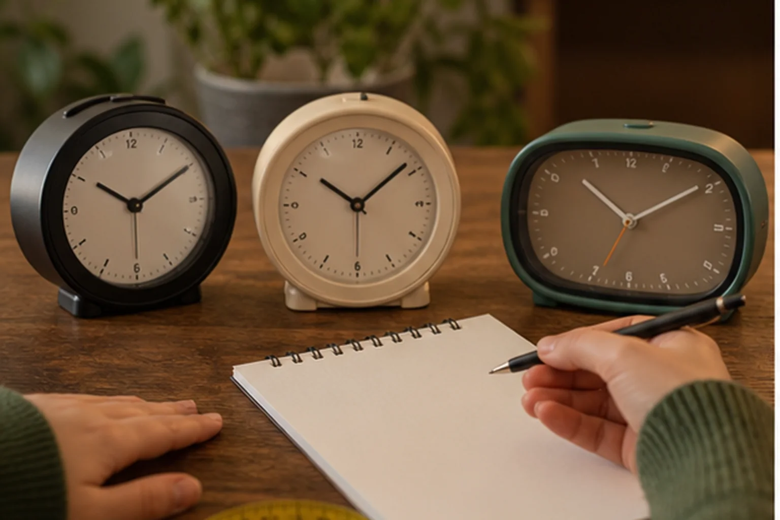 Buyer comparing three alarm clocks with a written checklist and measuring tape