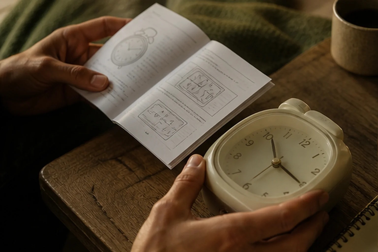 Hands checking an analog alarm clock against its setup manual