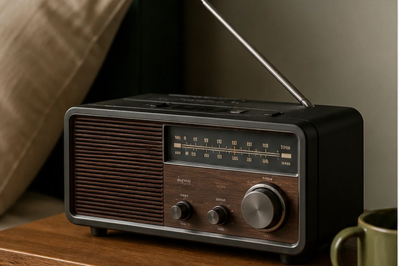 Bedside alarm clock radio with antenna and physical tuning controls