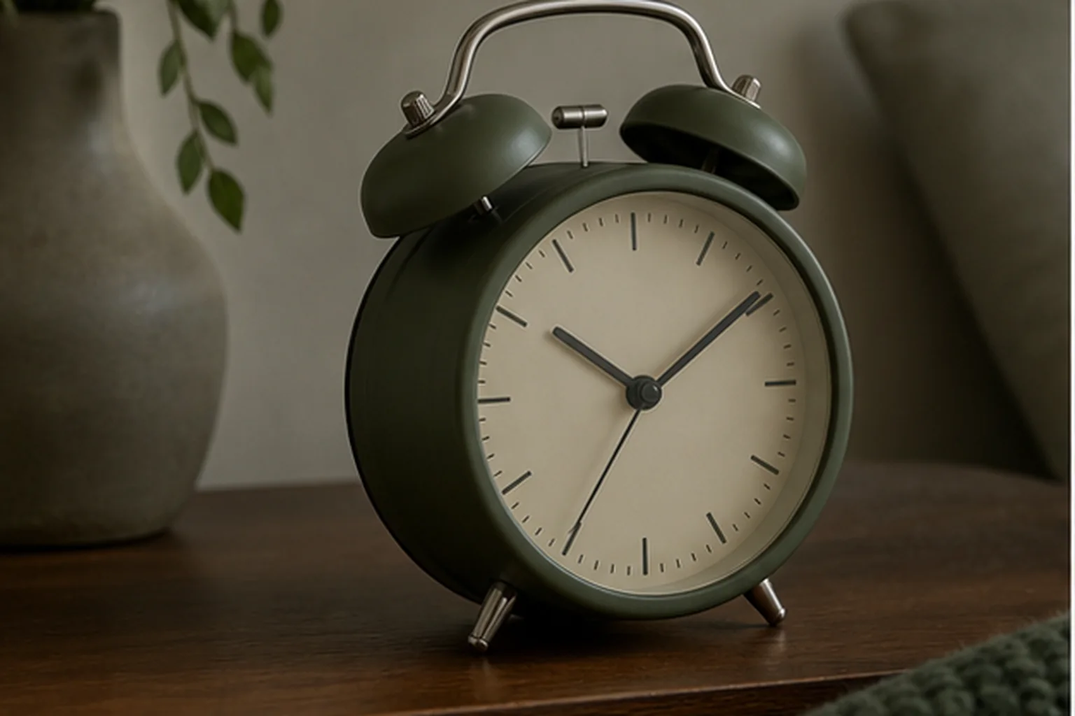Battery-operated analog alarm clock with tactile controls