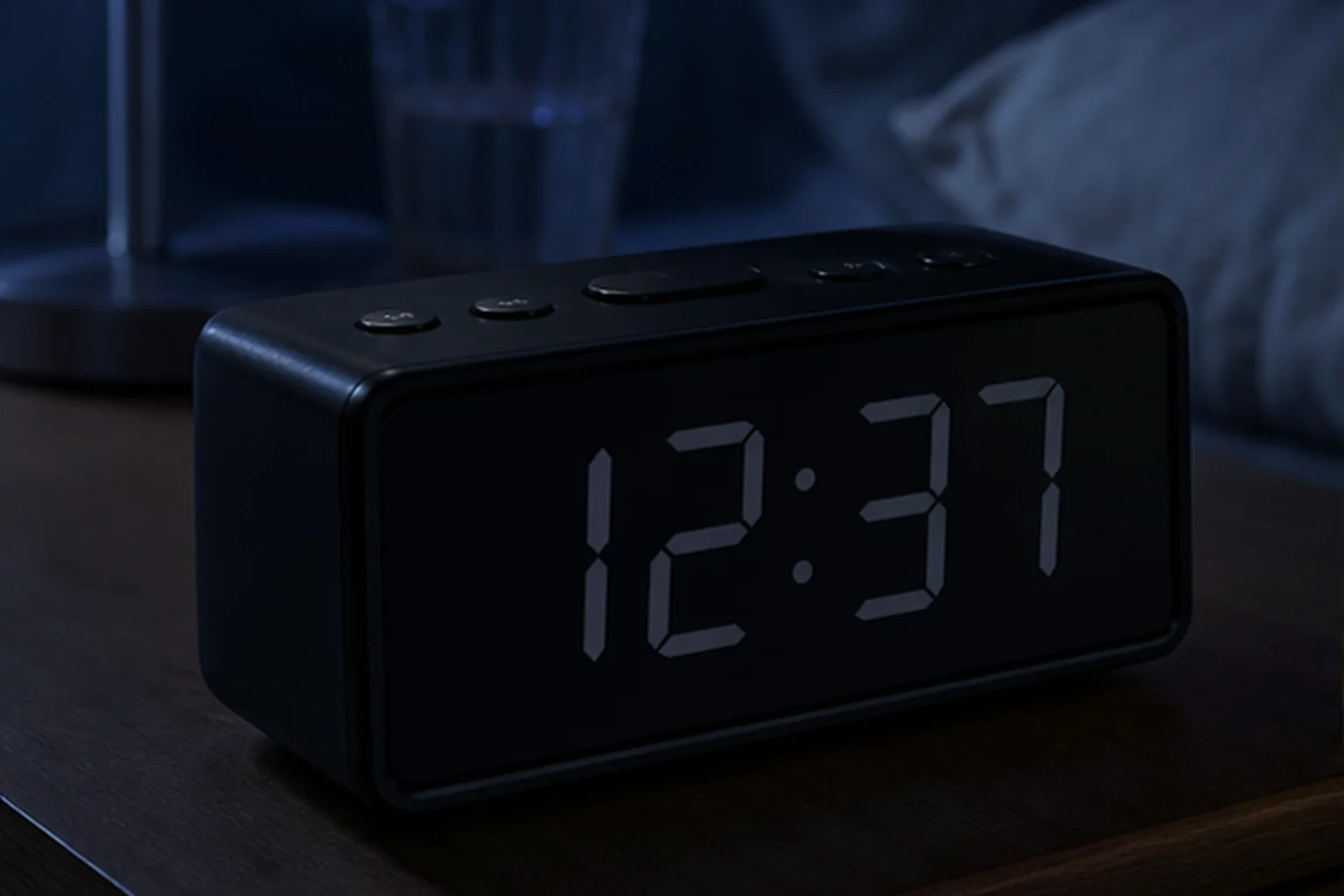 Large-digit digital alarm clock set to a low bedroom brightness