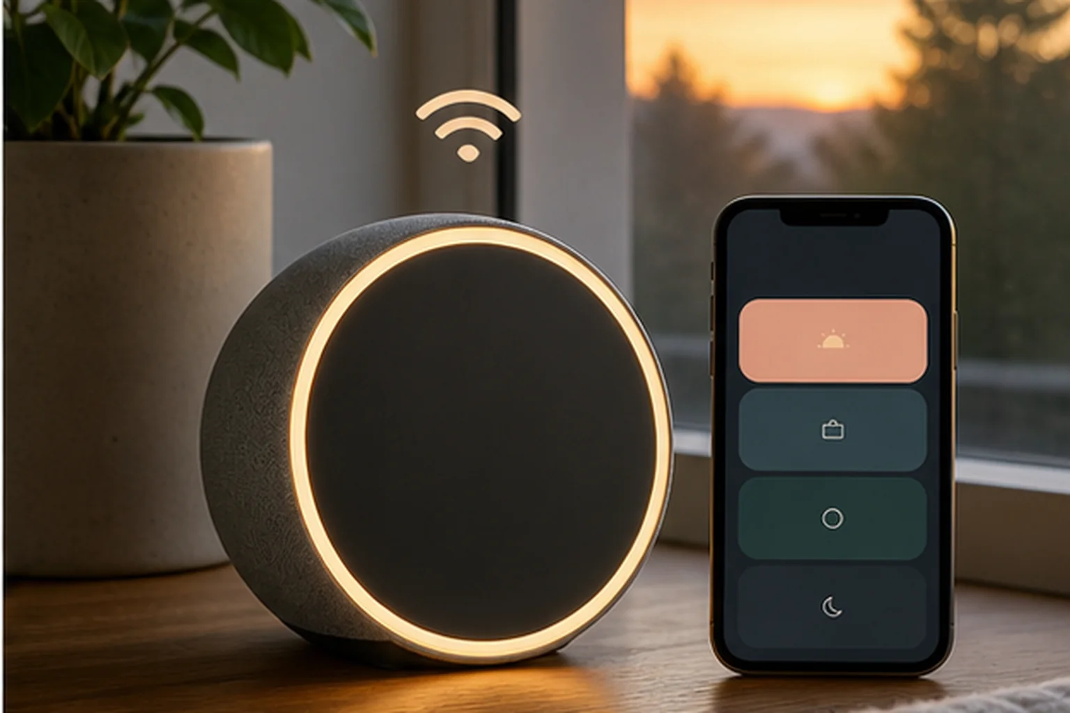 Smart alarm clock with a sunrise ring beside a phone routine interface