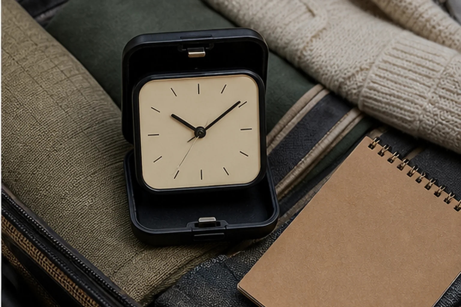 Compact folding analog travel alarm packed in an open carry-on bag