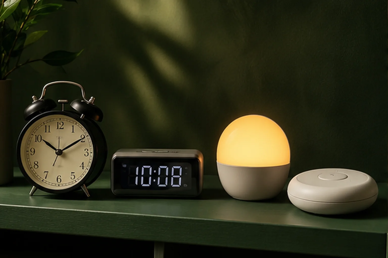 Sound, digital, sunrise, and vibration alarm clocks arranged for comparison