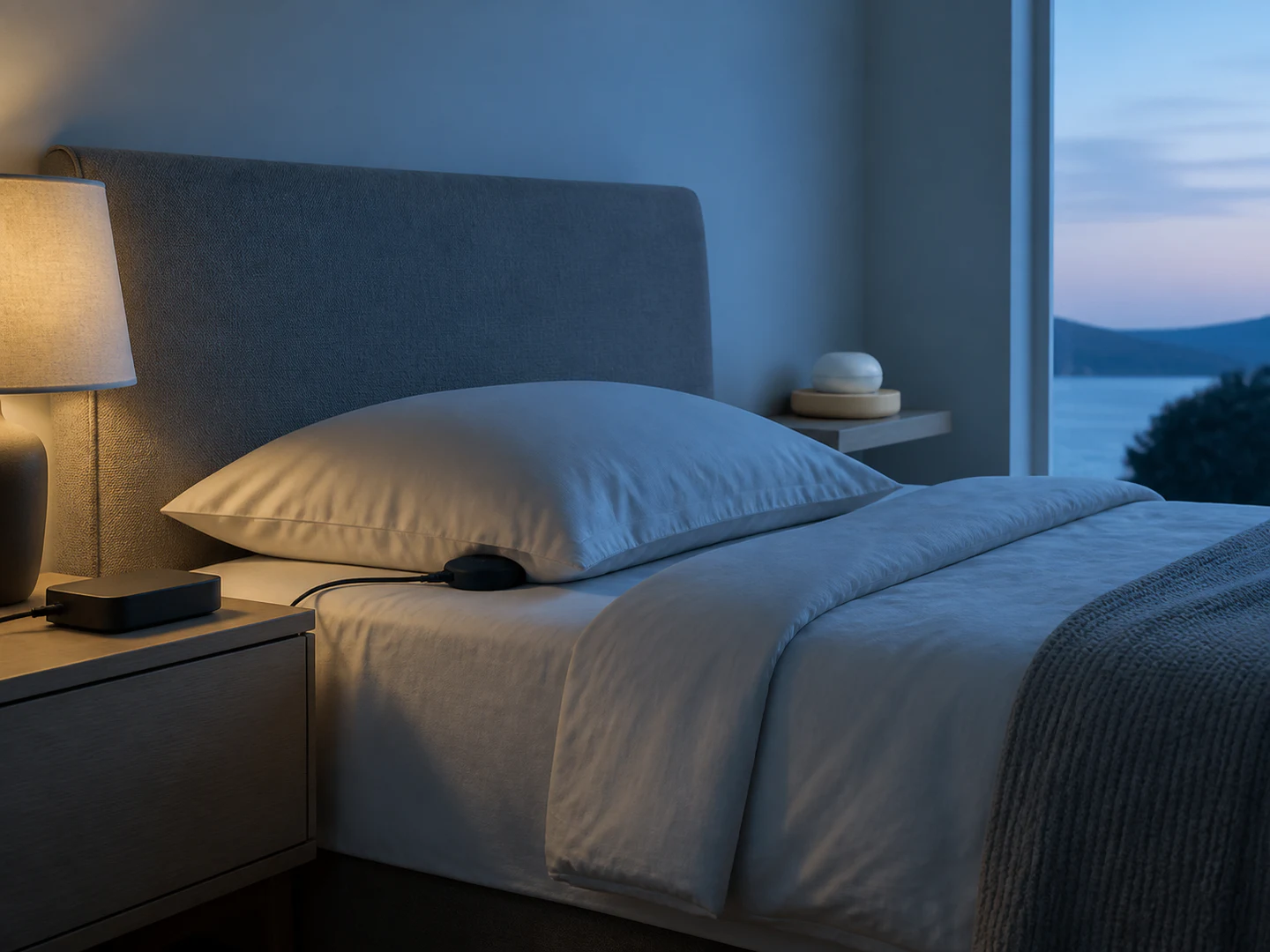 Editorial bedroom scene comparing a fixed wired bed shaker with a rechargeable wireless shaker