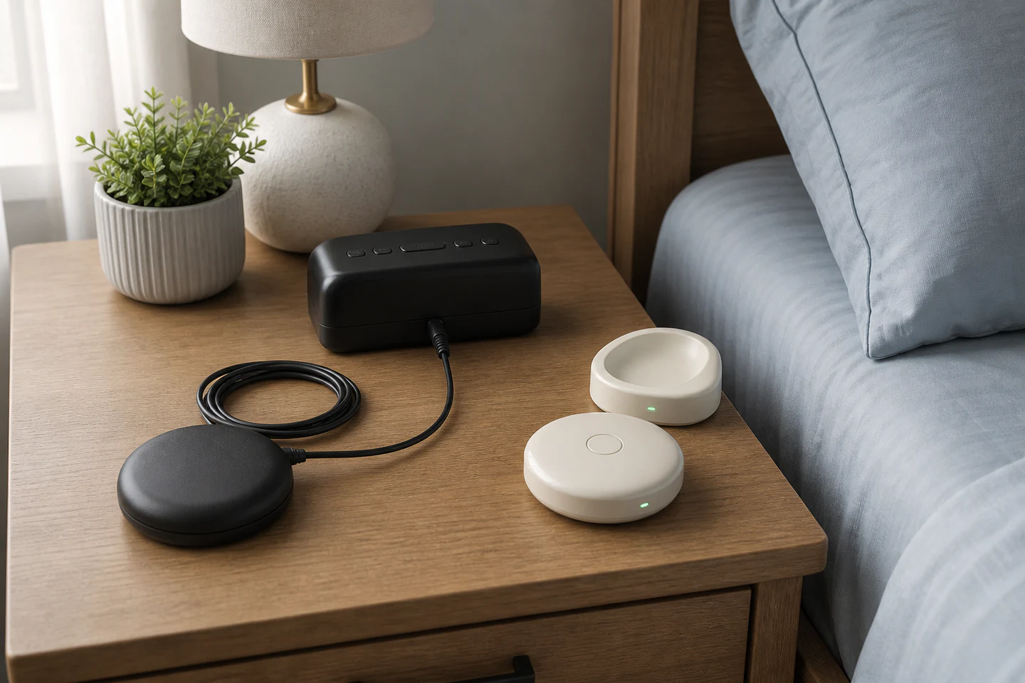 Nightstand setup contrasting a cabled bed shaker with a rechargeable wireless shaker
