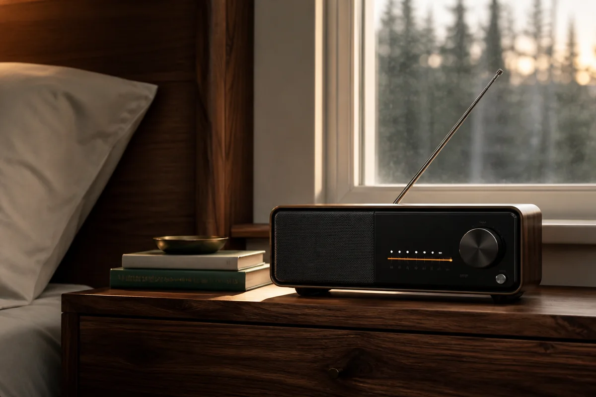 Clock radio beside a window with stable reception and backup buzzer control