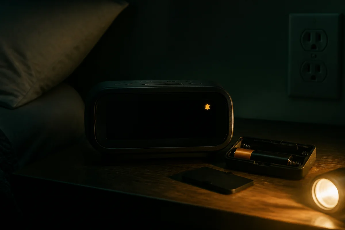 Alarm clock during a power outage showing the difference between retained settings and alarm operation