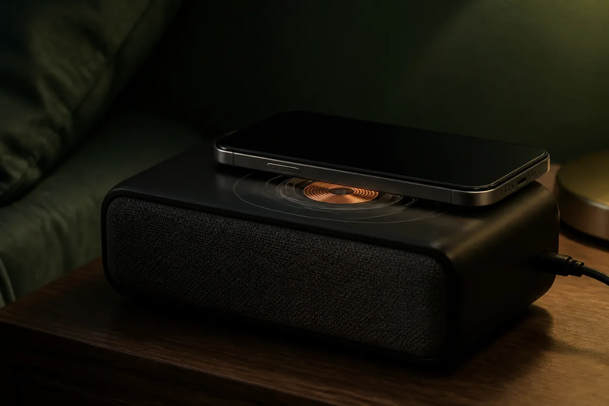 Phone carefully aligned on an alarm clock charging pad beside its power connection
