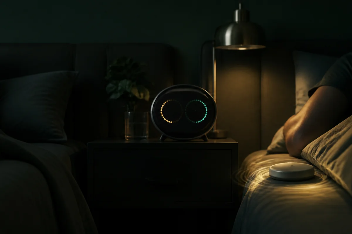 Couple using separate alarm schedules and a local vibration cue in a shared bedroom