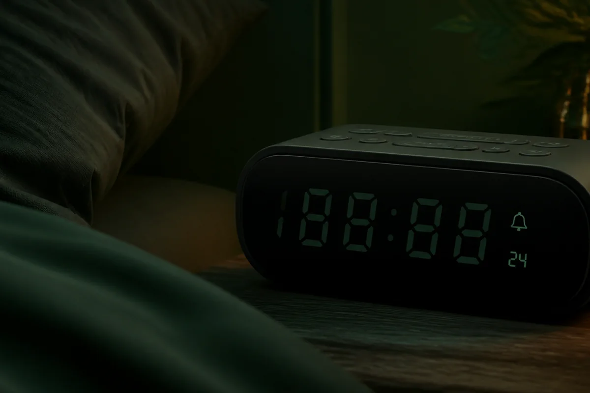 Readable digital alarm clock with dim display and direct night controls
