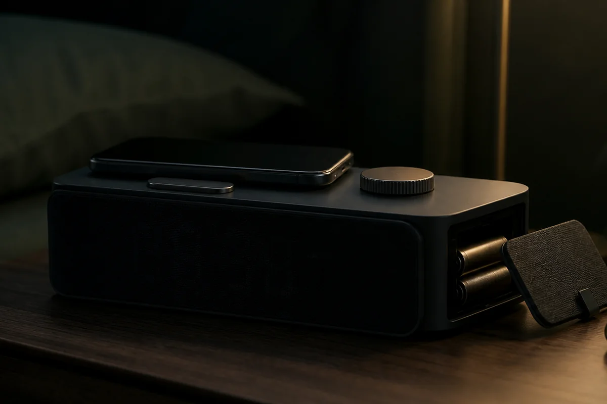 Alarm clock features checked for charging, backup power, dual alarms, and dim display