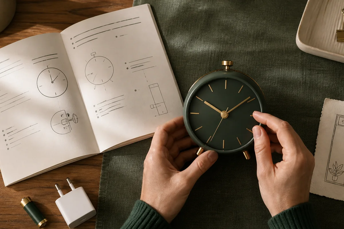 Alarm clock manual, placement, and backup checks prepared before an important morning