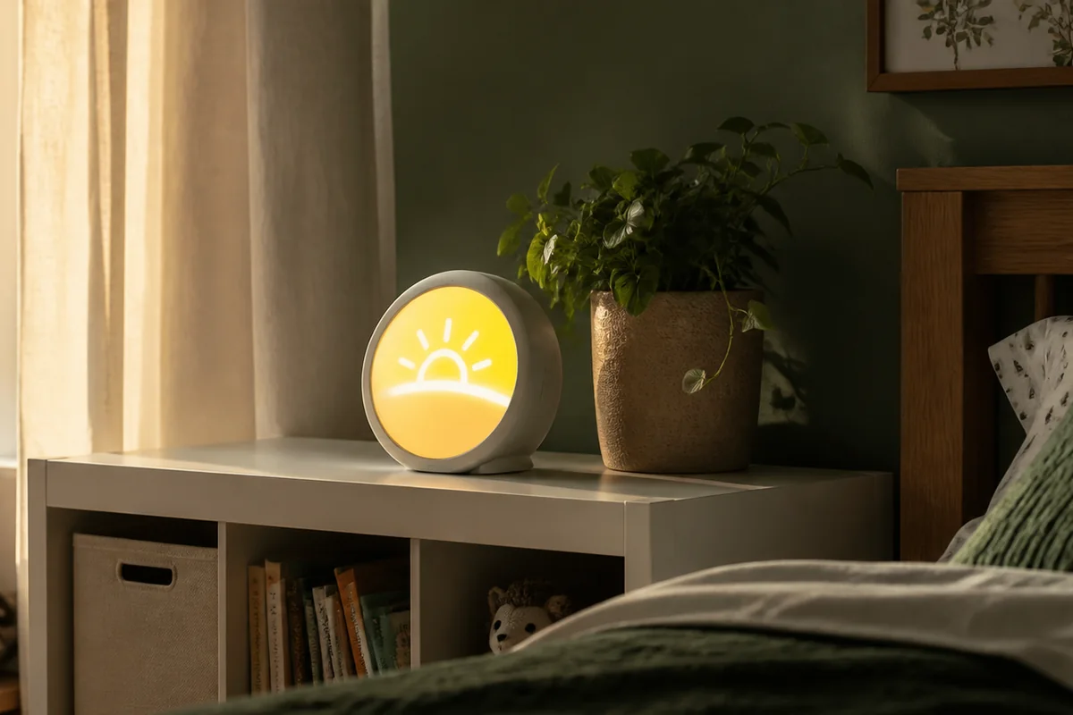 Child-friendly morning clock using a simple color cue with controls secured for parents