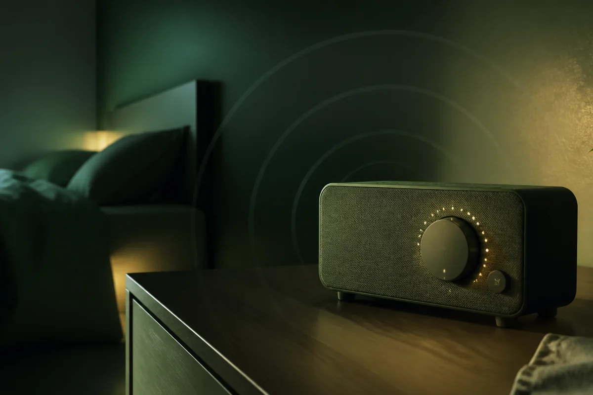 Adjustable loud alarm sending a controlled audible signal across a bedroom