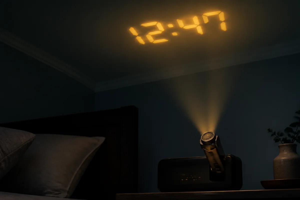 Projection alarm clock focusing the time on a bedroom ceiling
