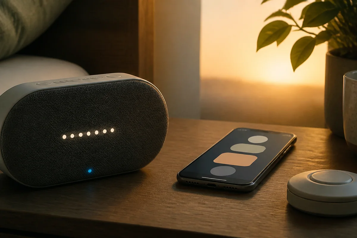 Smart alarm routine connecting bedside controls, an app, Wi-Fi, light, and sound