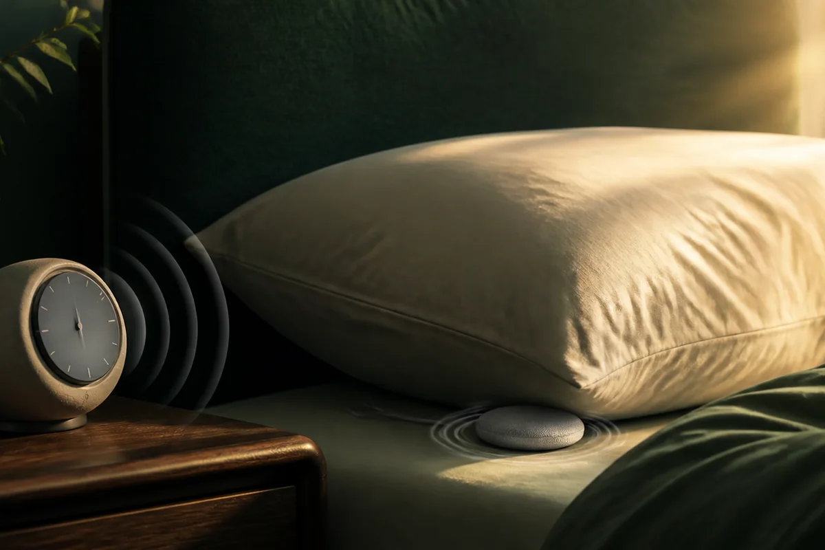 Bedside scene comparing sound, sunrise light, and vibration as three alarm signals