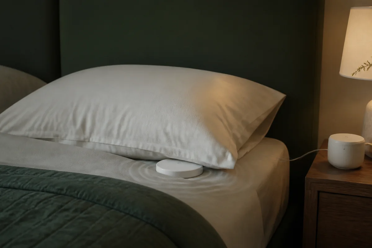 Bed shaker positioned under one pillow for a local vibration alarm
