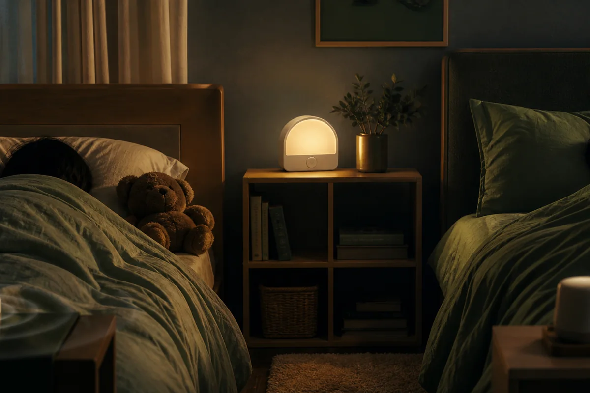 Shared bedroom arranged for different sleeper and household wake-up needs