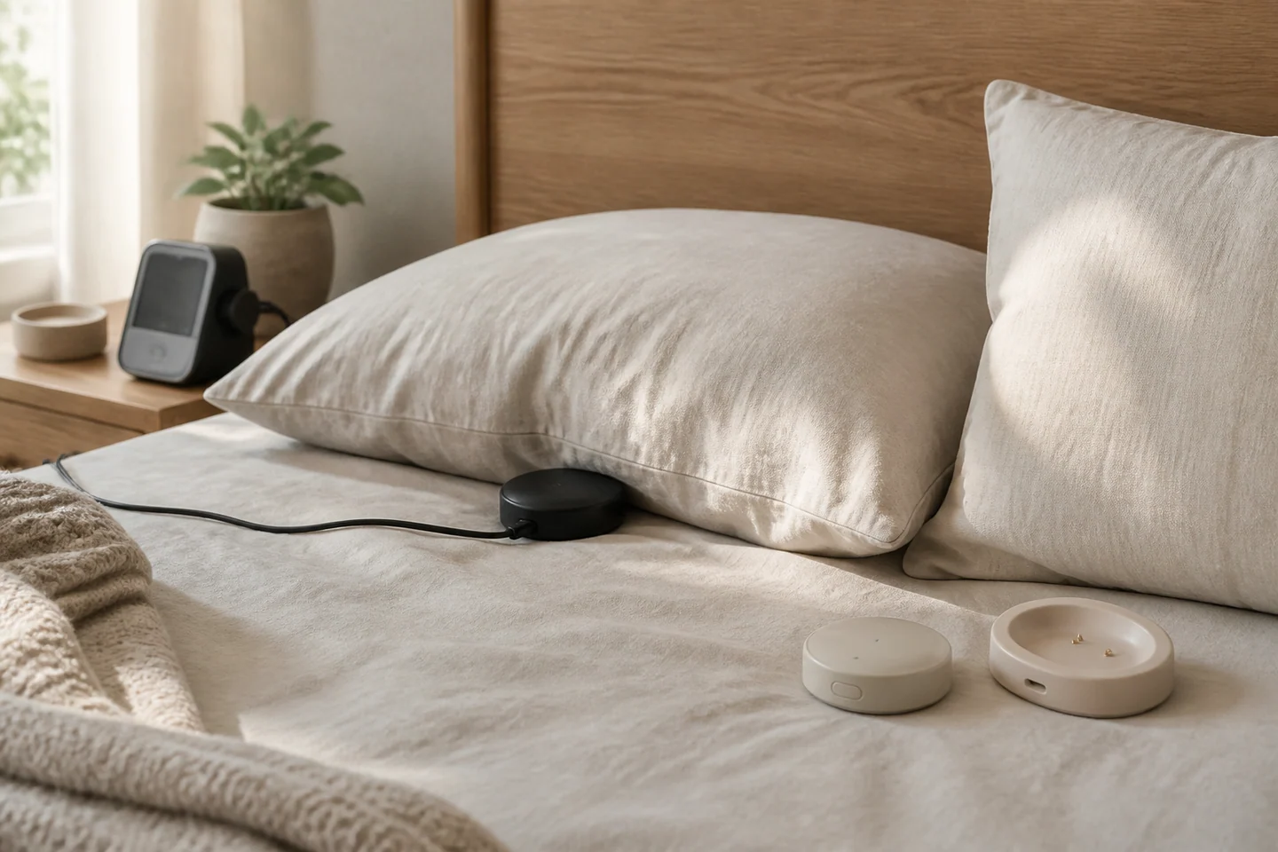 Bedroom setup showing a safely routed wired bed shaker and a separate rechargeable wireless shaker