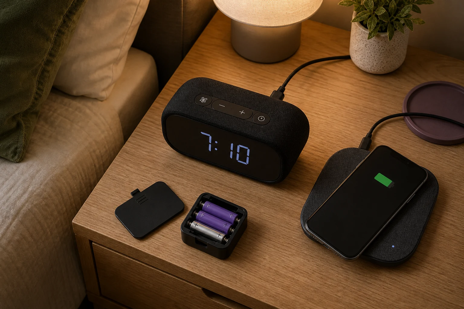 Alarm clock feature check with backup batteries, charging pad, visible controls, and dim display
