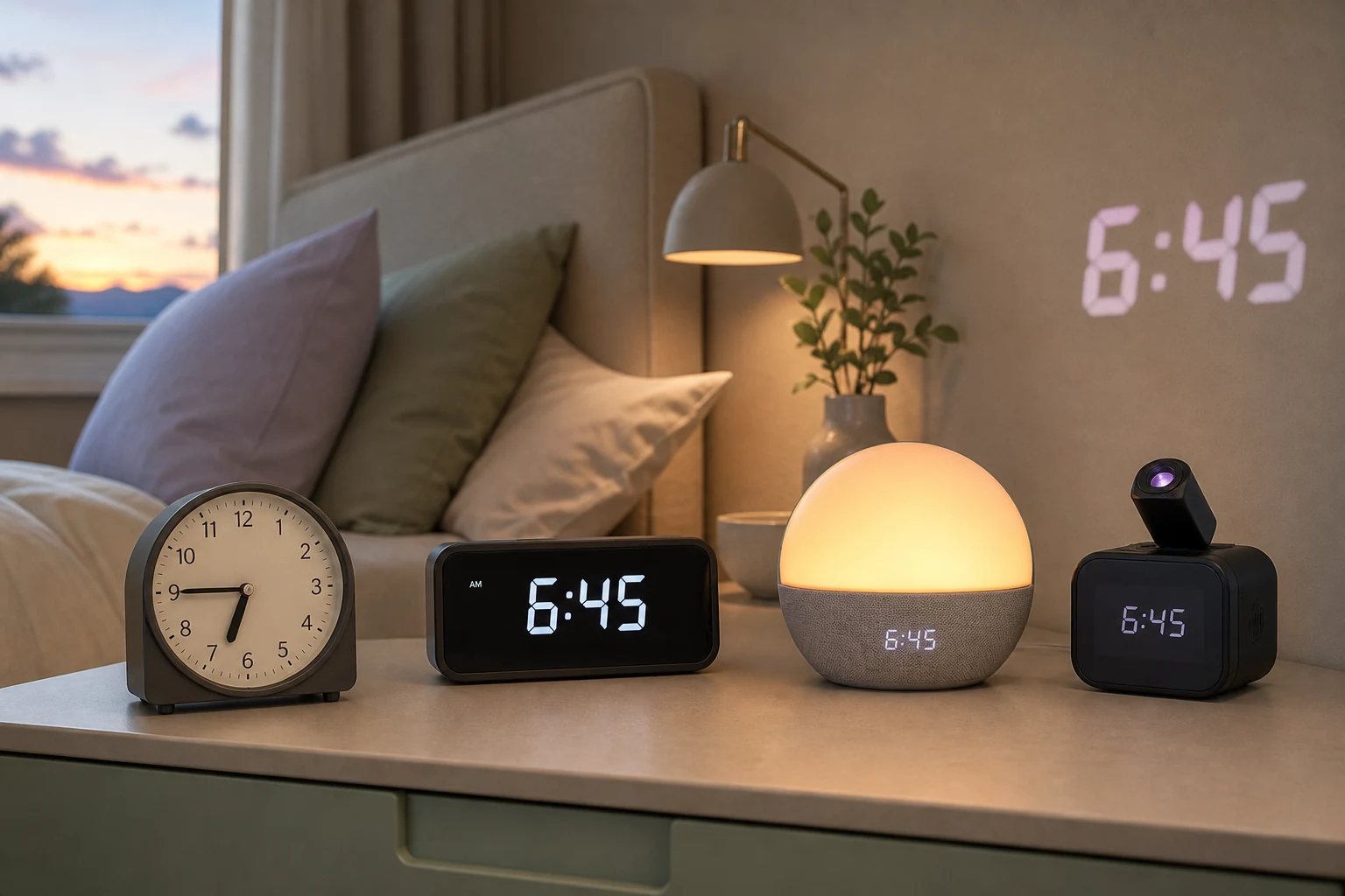 Generic analog, digital, sunrise-light, and projection clocks arranged for a type comparison