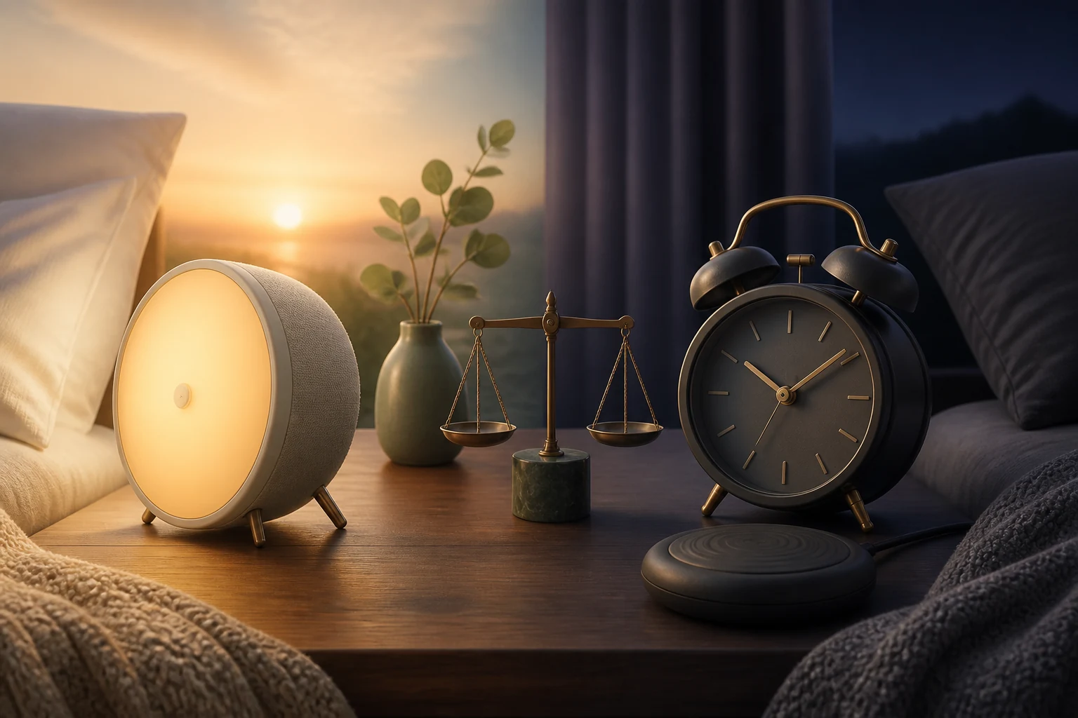 Balanced comparison scene with a sunrise-light alarm, twin-bell clock, and bed shaker