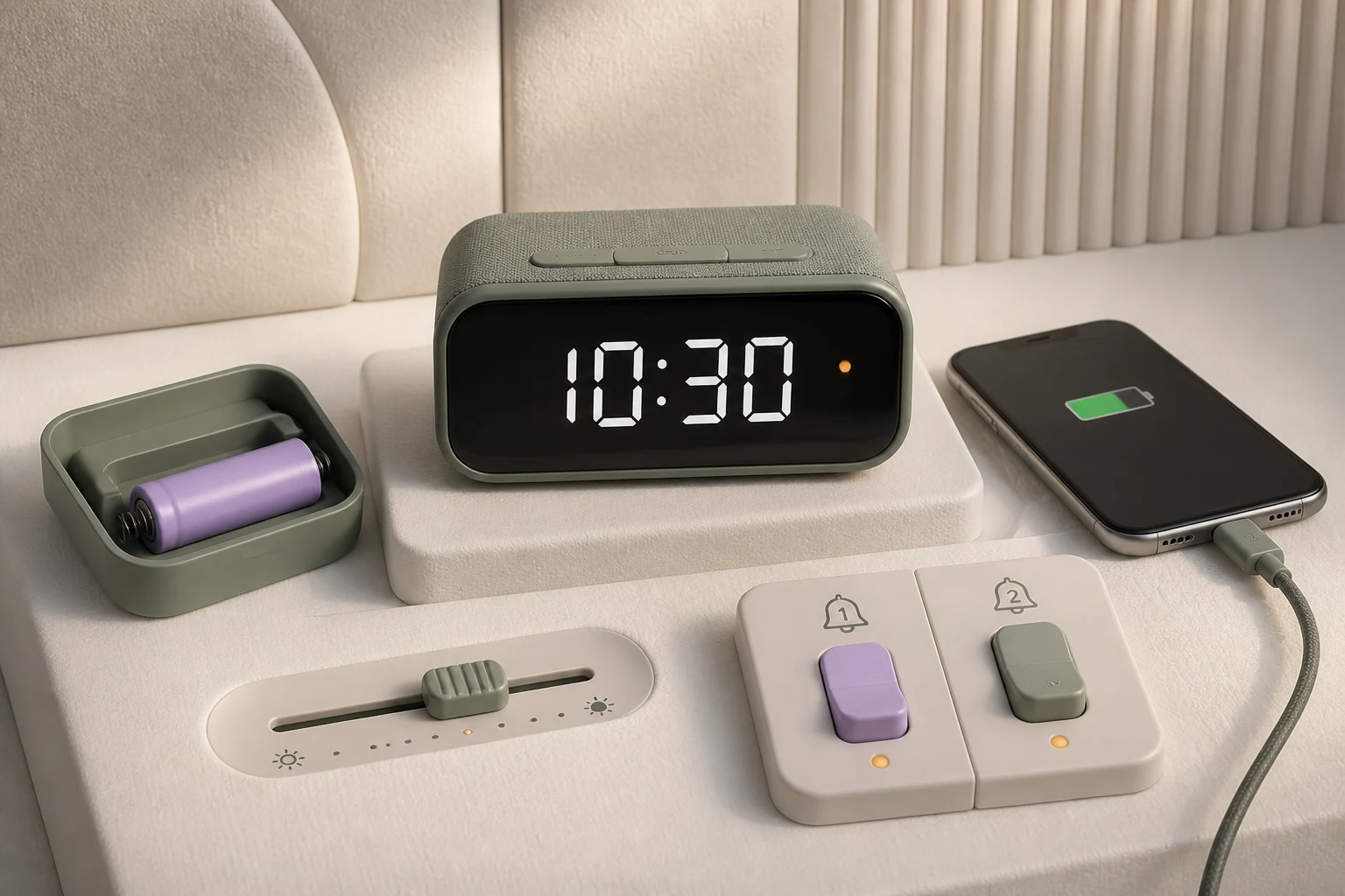Editorial illustration of an alarm clock with battery, dimmer, charging, and dual-alarm controls