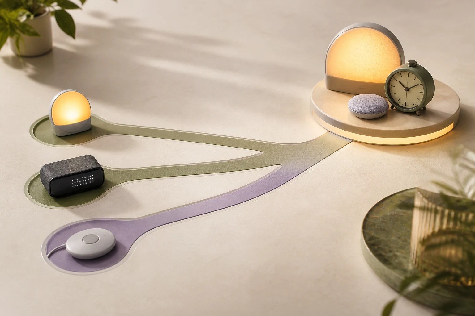 Illustrated decision paths from sunrise, sound, and vibration alarms toward one suitable setup