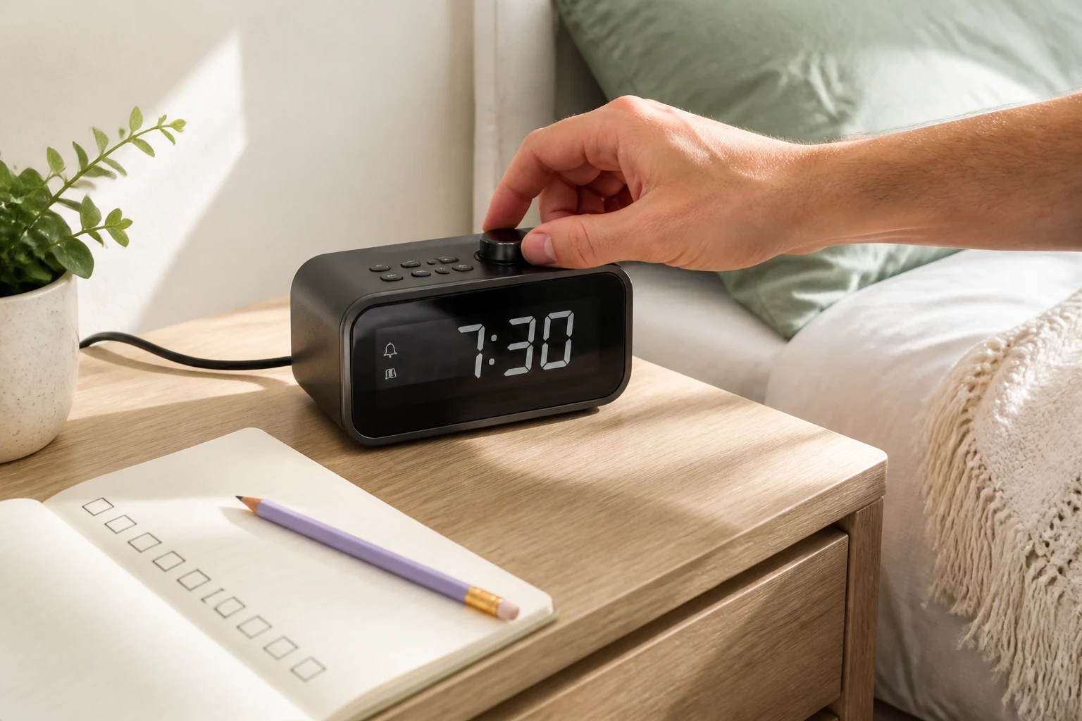 Hand setting a bedside alarm clock beside a practical setup checklist