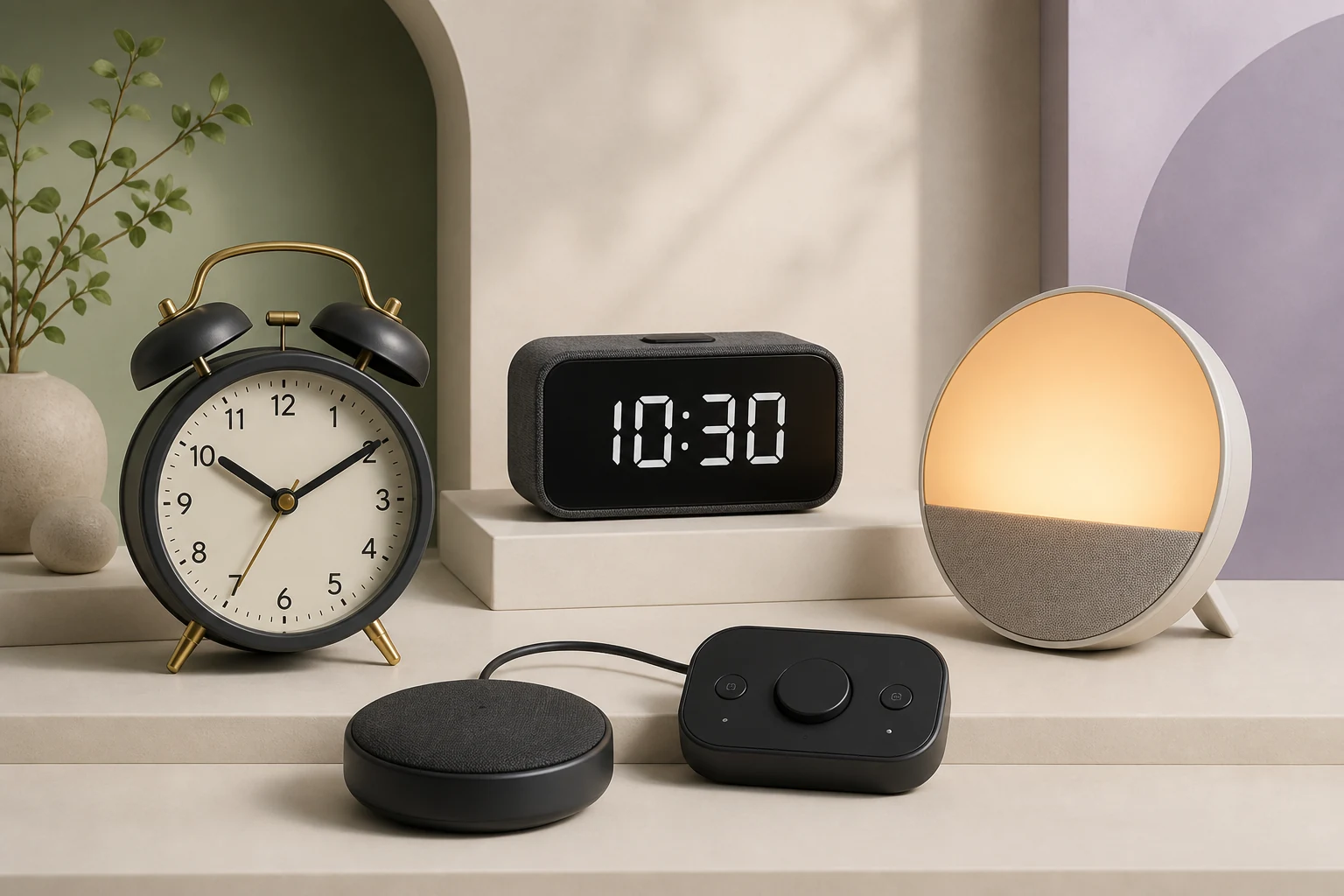 Illustrated collection of analog, digital, sunrise-light, and bed-shaker alarm clock types