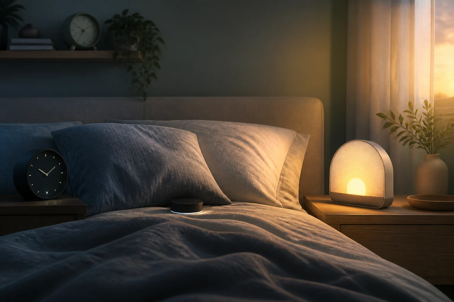 Bedroom illustration pairing a local bed shaker with a sunrise-light alarm for different wake-up needs