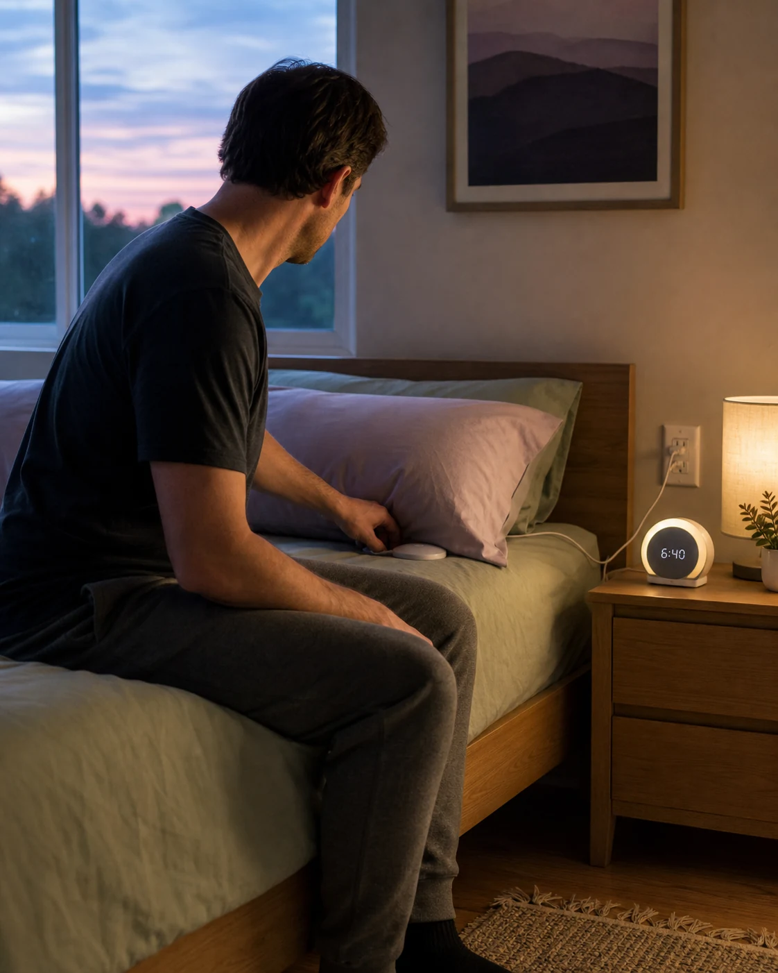 Person testing alarm placement, wake light, bed shaker, and power cable before an important morning