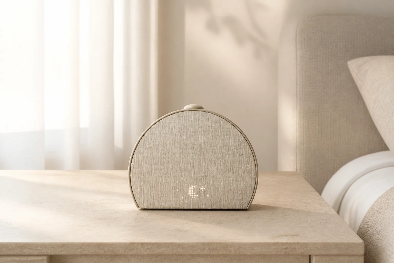 Hatch Restore 3 smart sunrise alarm clock on a pale bedside table