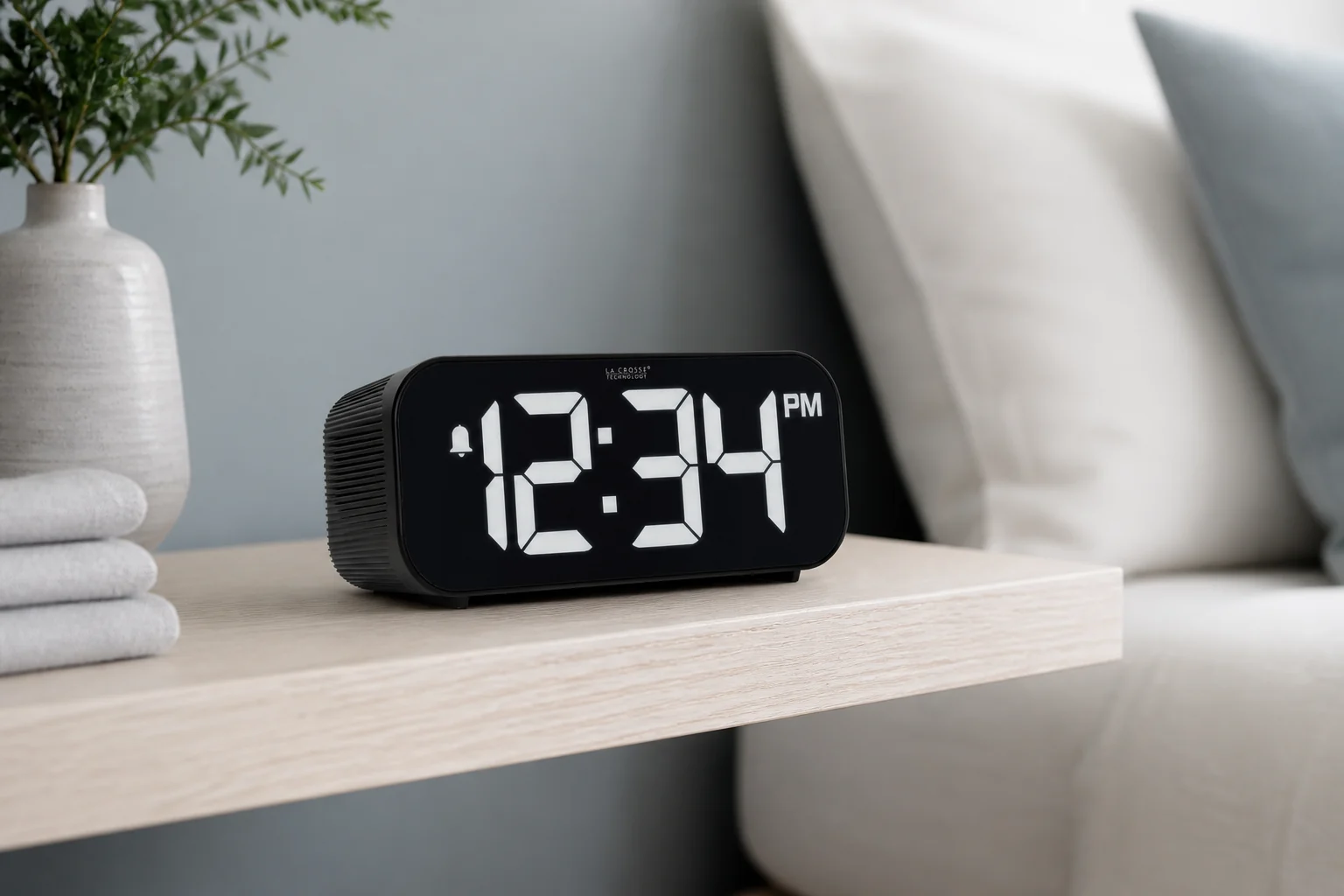 La Crosse Technology 617-714 large-display digital alarm clock on a bedside shelf