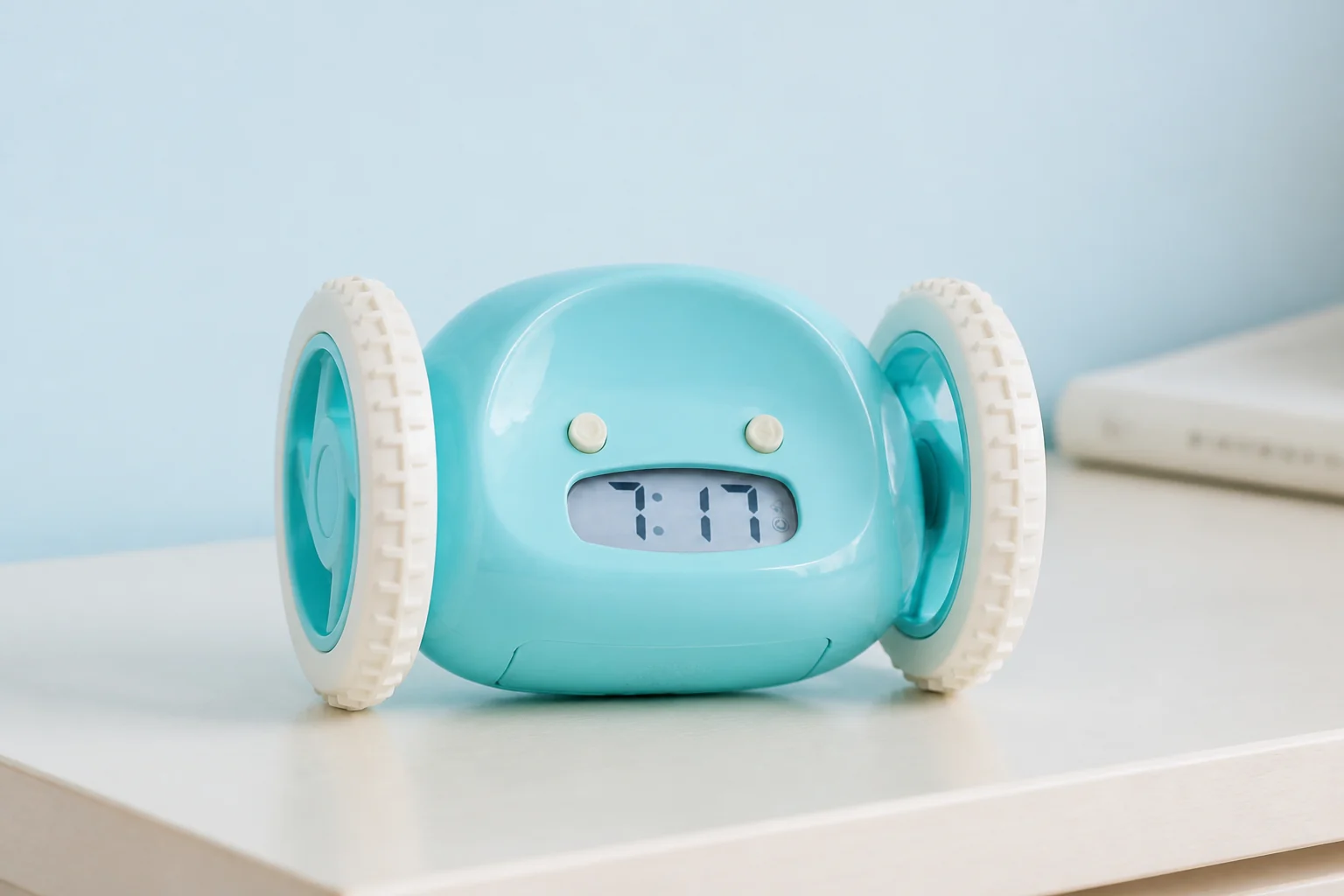 Aqua Clocky rolling alarm clock with both white wheels fully visible